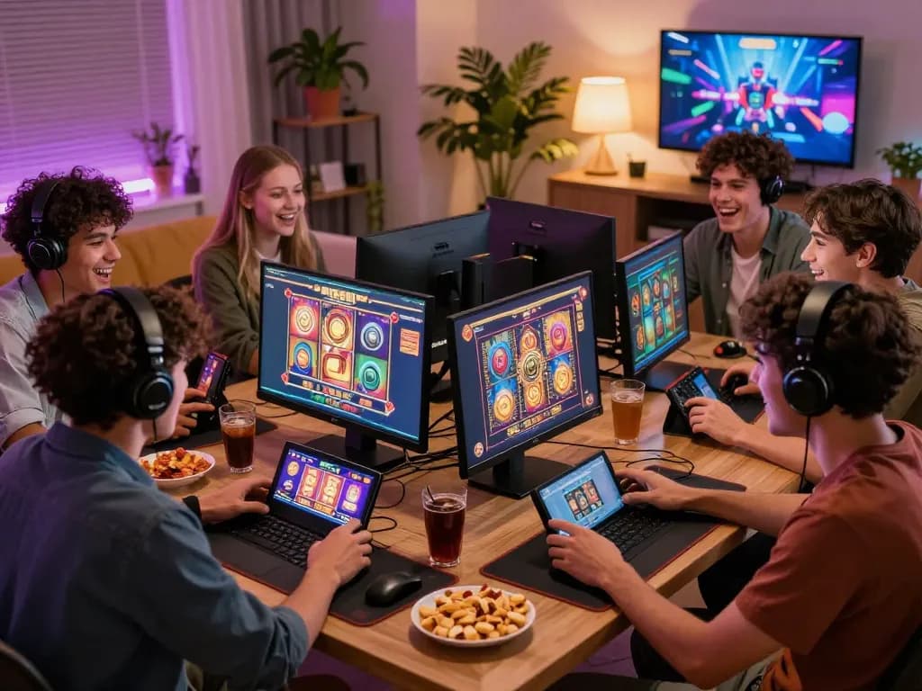 Para gamer menikmati permainan slot danamax793 secara online, dengan layar yang cerah dan makanan ringan.