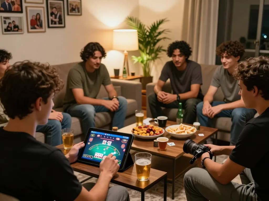 Engaging online poker night at home depicts friends playing with digital tools, showcasing berita terbaru platform hiburan digital in action
