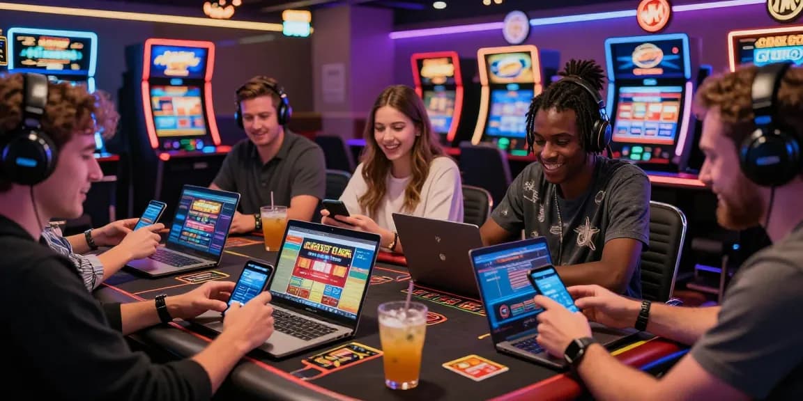 Engaged players exploring credit card casinos on their devices in a vibrant online gambling environment.