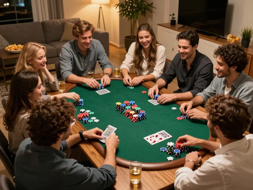 Kdtoto players enjoying a lively home poker game with colorful chips and cards spread on a cozy table.
