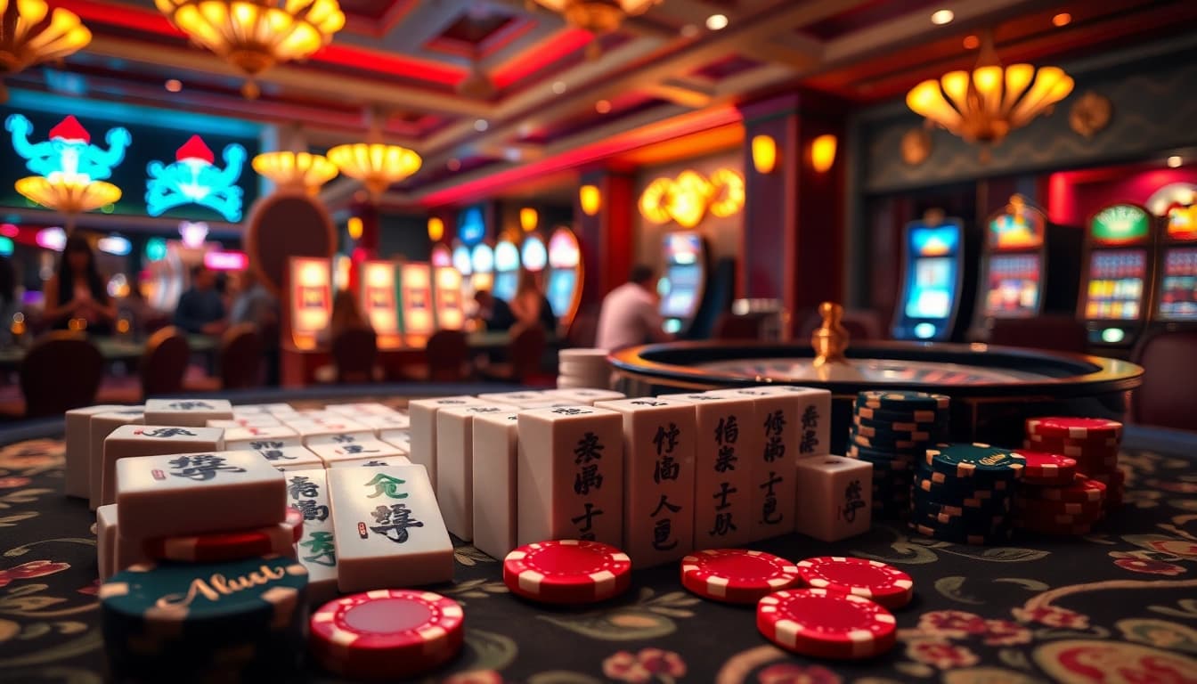 Experience thrilling akun demo gameplay at a vibrant casino with Mahjong tiles and roulette.