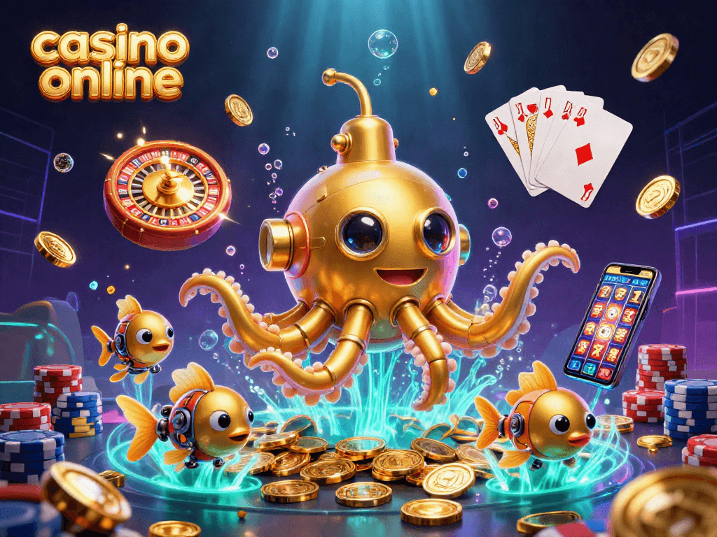 Experience thrilling gaming moments with casino online's 3D kraken submarine and vibrant casino elements.