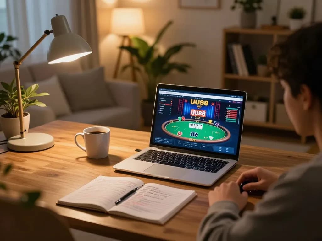 Engaged user at UU88 online casino mastering poker strategies in a cozy home setup.
