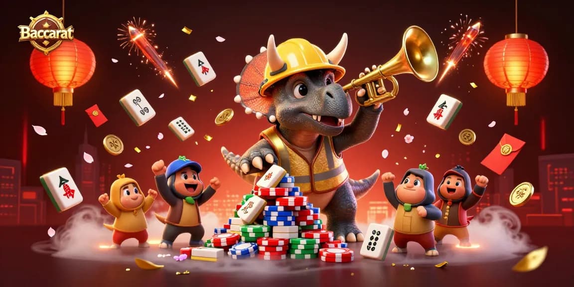 Baccarat scene with a triceratops building poker chips and festive elements celebrating winning strategies.