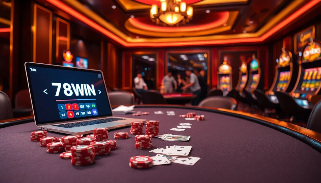 Experience the thrilling excitement of 78WIN at a poker table adorned with chips and cards.