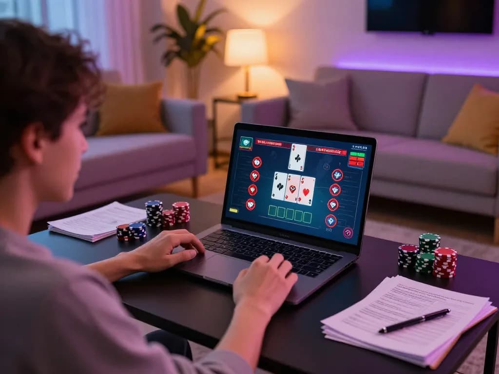 Engaging in a thrilling nk88 online poker game with strategy notes in a cozy home setting.