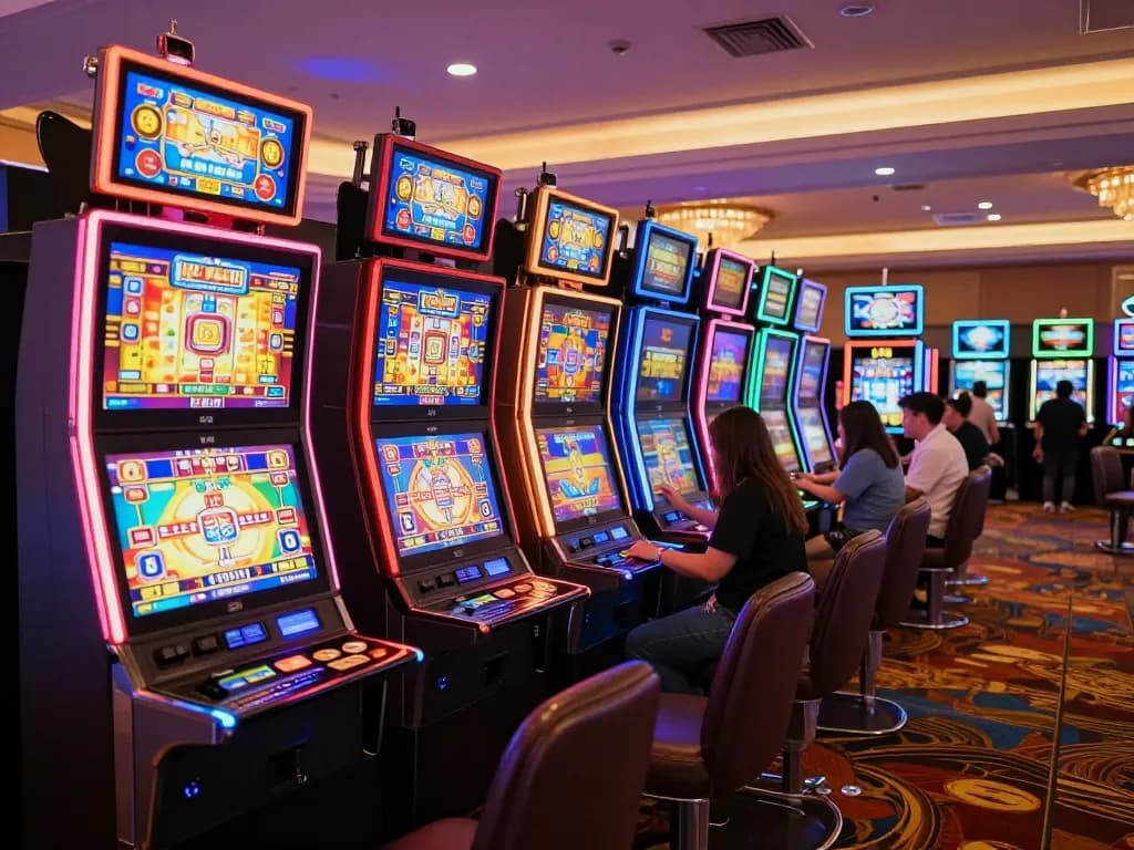 Players engaging with exciting slot machines at a casino floor, finding joy in tonysitaliancuisine's vibrant atmosphere.