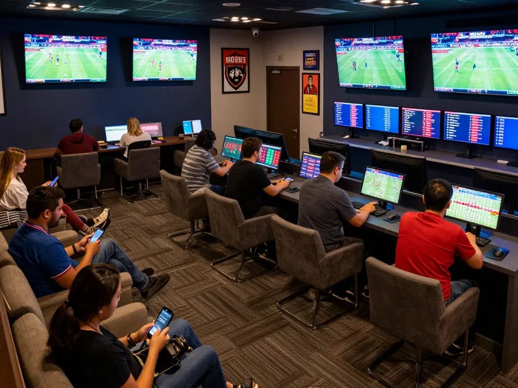 Participants placing sports bets at Ho88's modern lounge, showcasing dynamic betting activities.