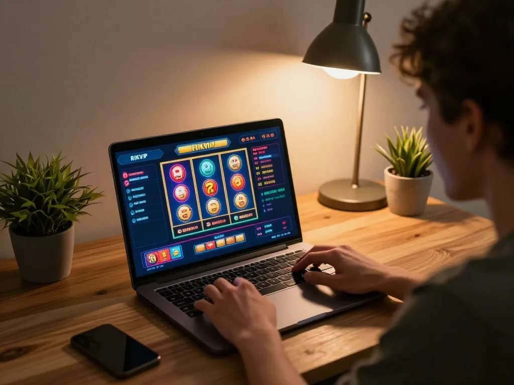 Player enjoying an online session on RIKVIP, showcasing an engaging slot game experience in a cozy home office.