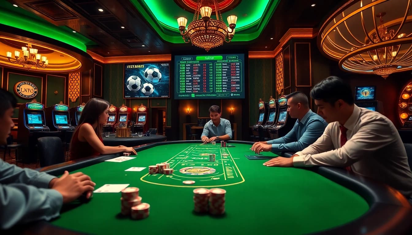 Engaging gamblers placing cá cược bóng đá bets in a vibrant casino environment.
