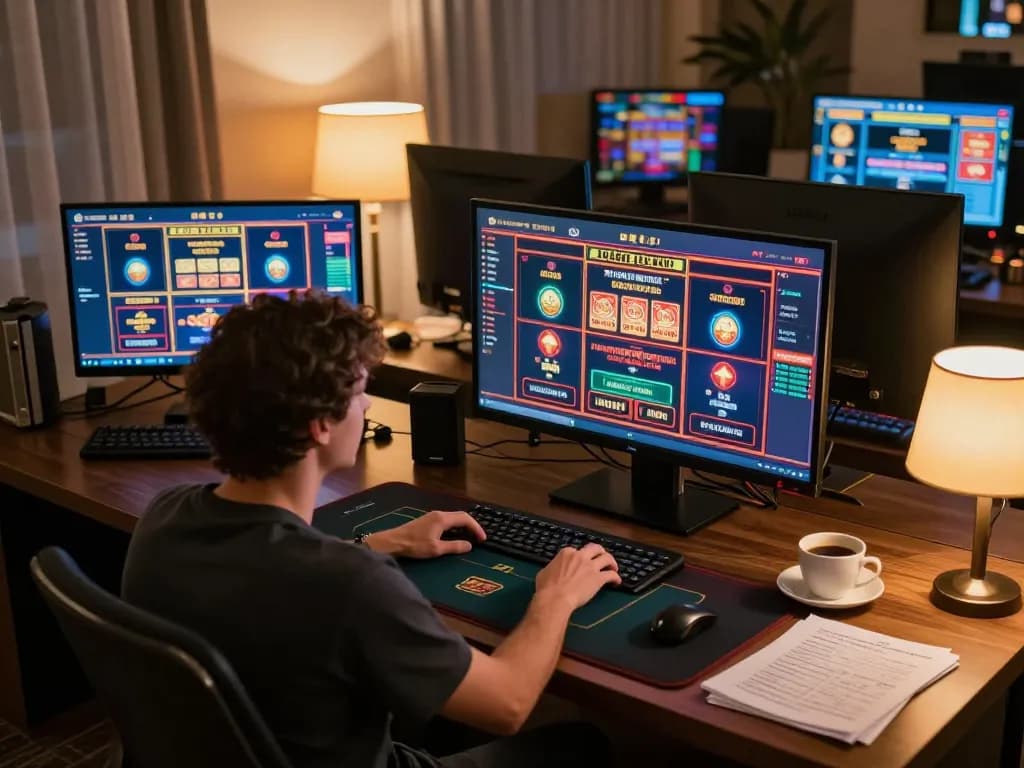 Engaged player enjoying ku win on a sleek online casino platform with multiple screens.