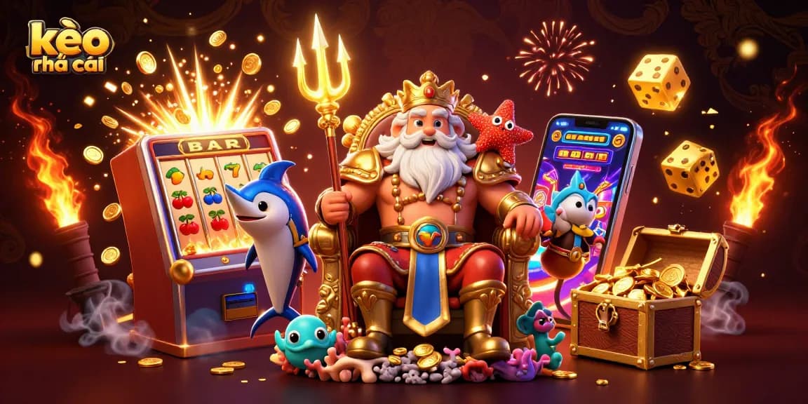 Engage with kèo nhà cái through a vibrant 3D casino scene featuring Neptune, samurai fish, and rich jackpot themes.