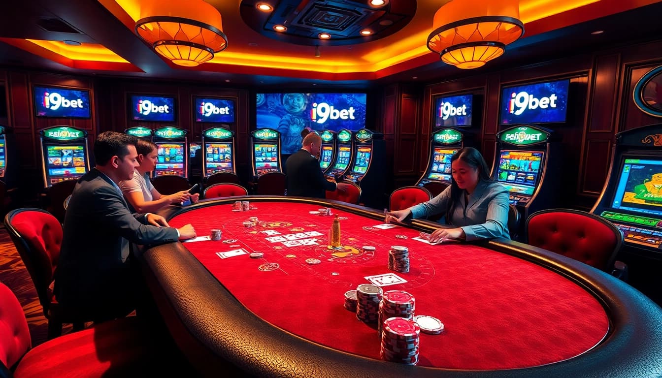 Experience the excitement of i9bet at a luxurious poker table filled with colorful chips and engaged players.