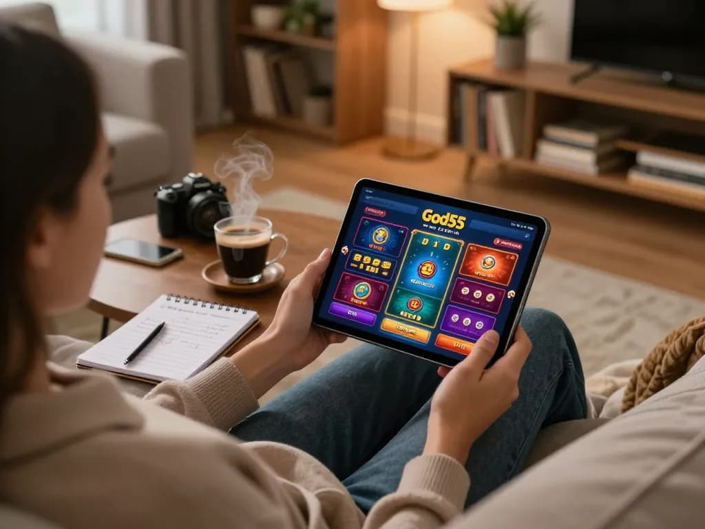 Gambling enthusiast using God55 app on a tablet in a cozy home setting, enjoying a comfortable gaming experience.