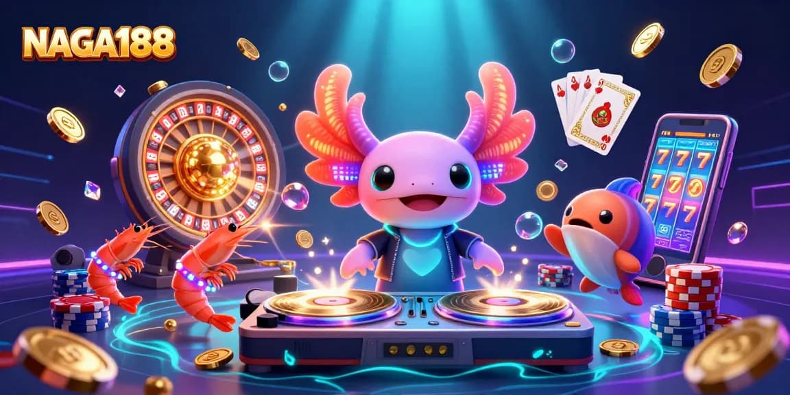 NAGA188 menawarkan pengalaman kasino yang unik dengan DJ axolotl neon yang menakjubkan dan karakter laut.