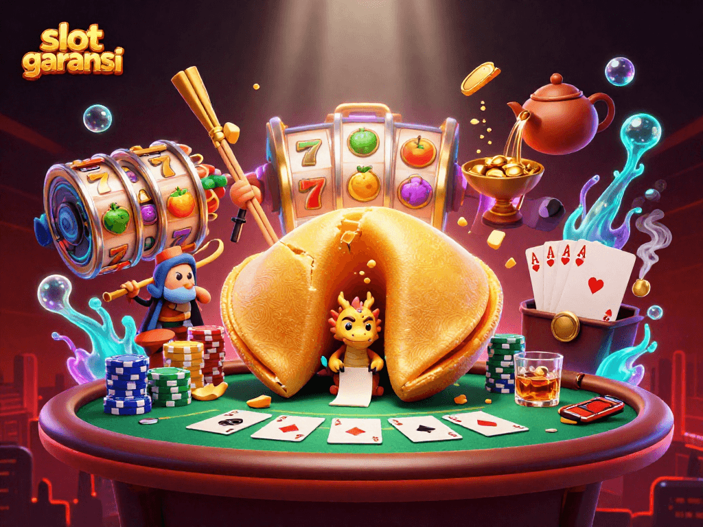 Engage with slot garansi through vibrant 3D illustration of fortune cookie, dragon, and casino elements.