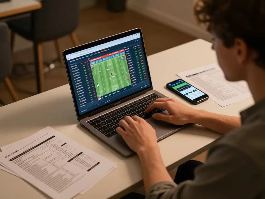 Tỷ lệ kèo displayed on live betting screen with person analyzing strategies during an online sports event.