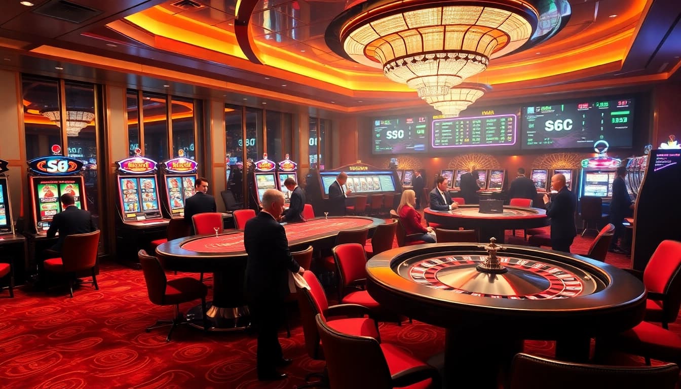 A vibrant casino scene showcasing the excitement of gambling at S8 with tables, slot machines, and digital betting interfaces.