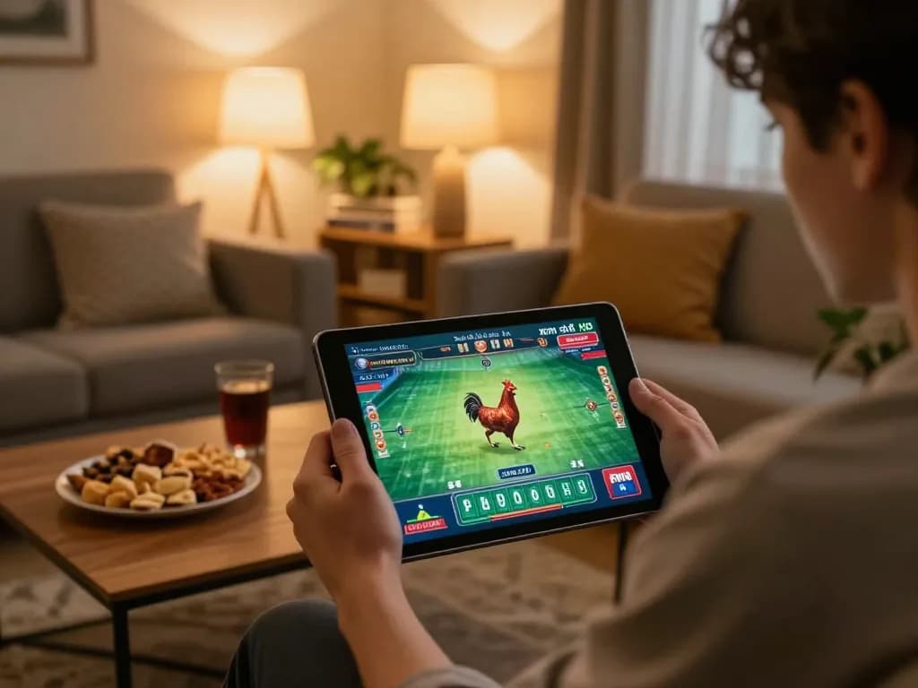 Xem xem đá gà trực tiếp HD trên máy tính bảng trong không gian phòng khách ấm cúng.