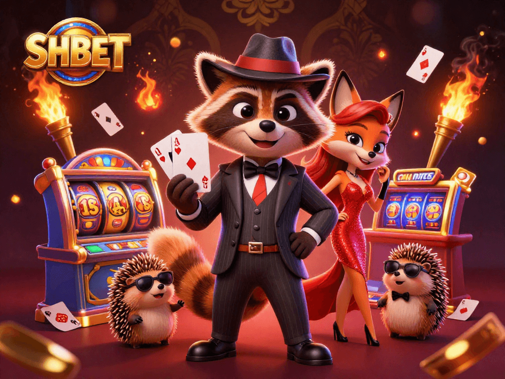 Experience winning moments at SHBET casino with a suave raccoon, elegant fox, and hedgehog bouncer.