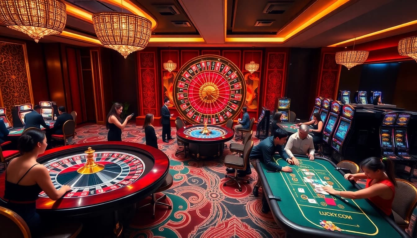 Experience the thrill of high-stakes gaming at LUCKY88.COM with glamorous tables and vibrant atmosphere.