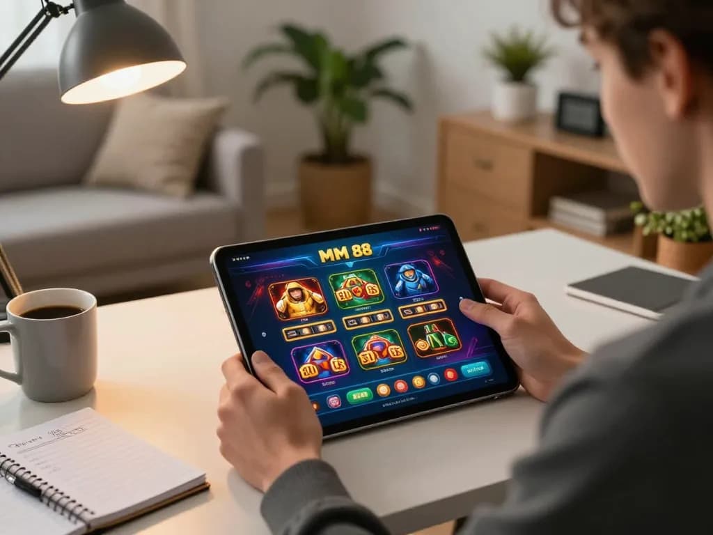 Engaging with MM 88 casino app on tablet in stylish home office