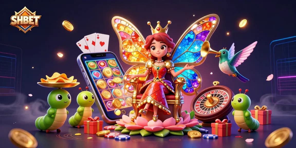 Experience vibrant gaming excitement at SHBET with a 3D casino illustration featuring a butterfly queen and dynamic elements.