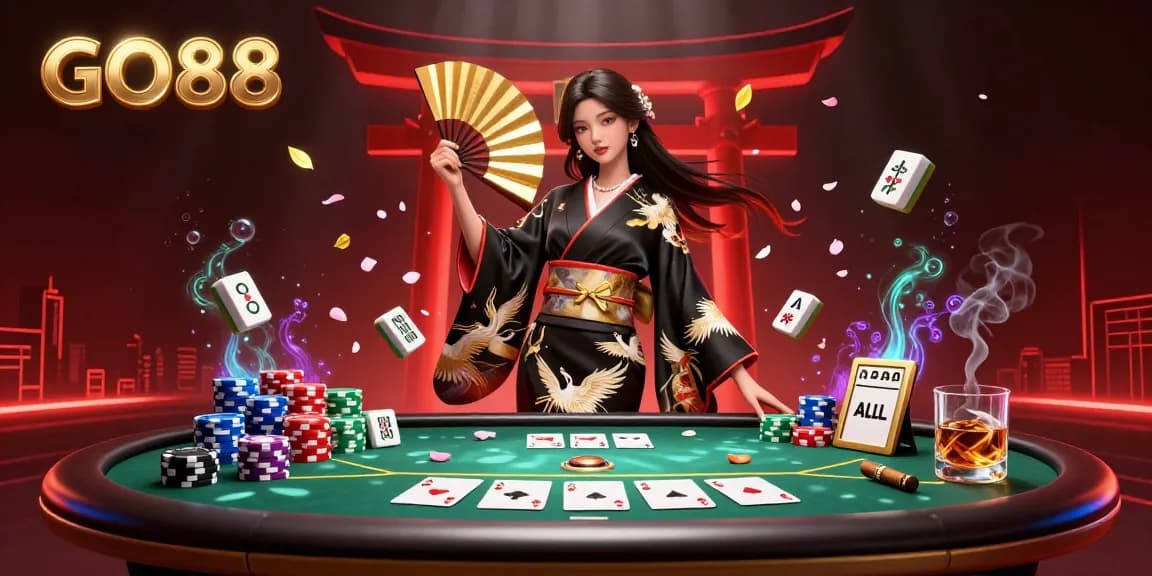 Experience the excitement of GO88 with a stunning casino scene featuring a glamorous Asian woman and poker elements.
