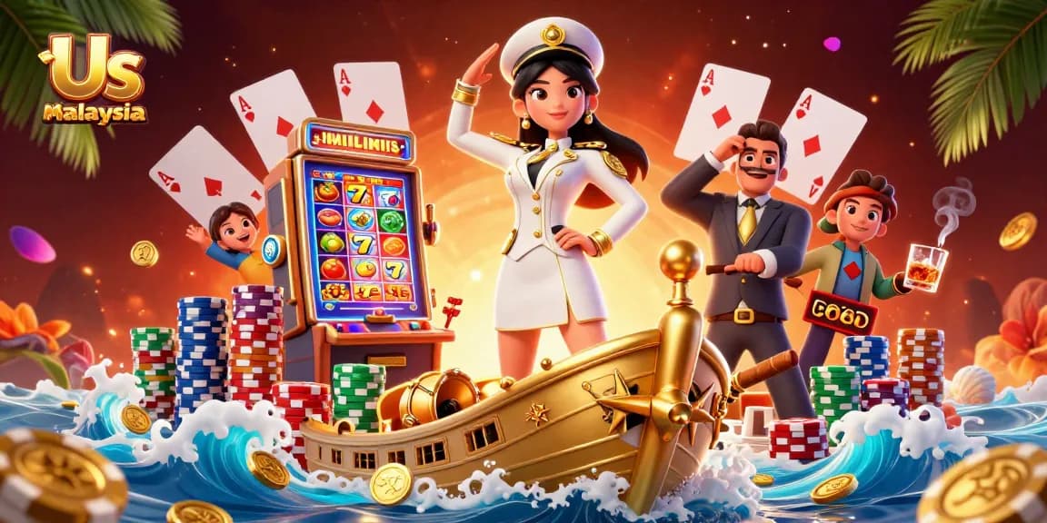 Experience exciting gaming action at Us Casino Malaysia with vibrant slot reels and poker chips