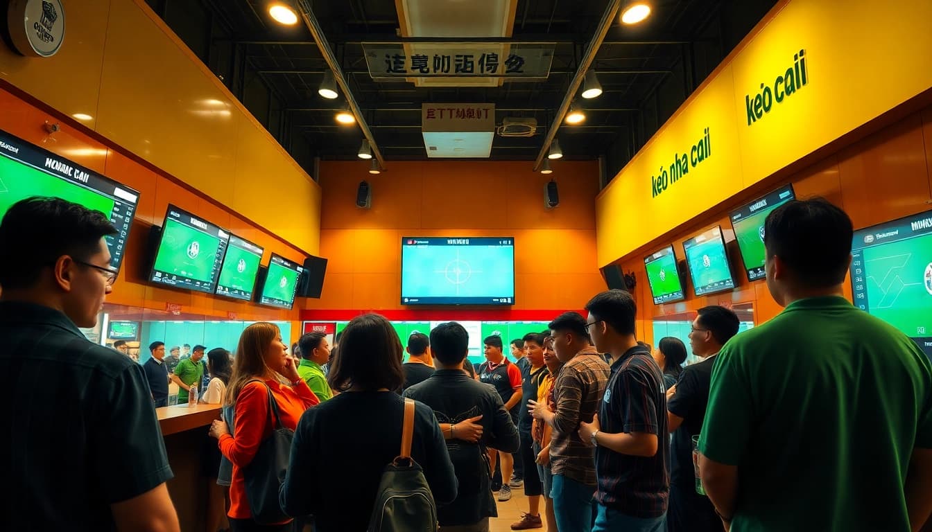 Dynamic betting scene highlighting keo nha cai with enthusiastic fans enjoying live sports.