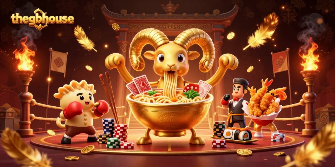 Thegbhouse showcases a vibrant 3D scene with a golden noodle bowl dealer and dynamic casino elements.