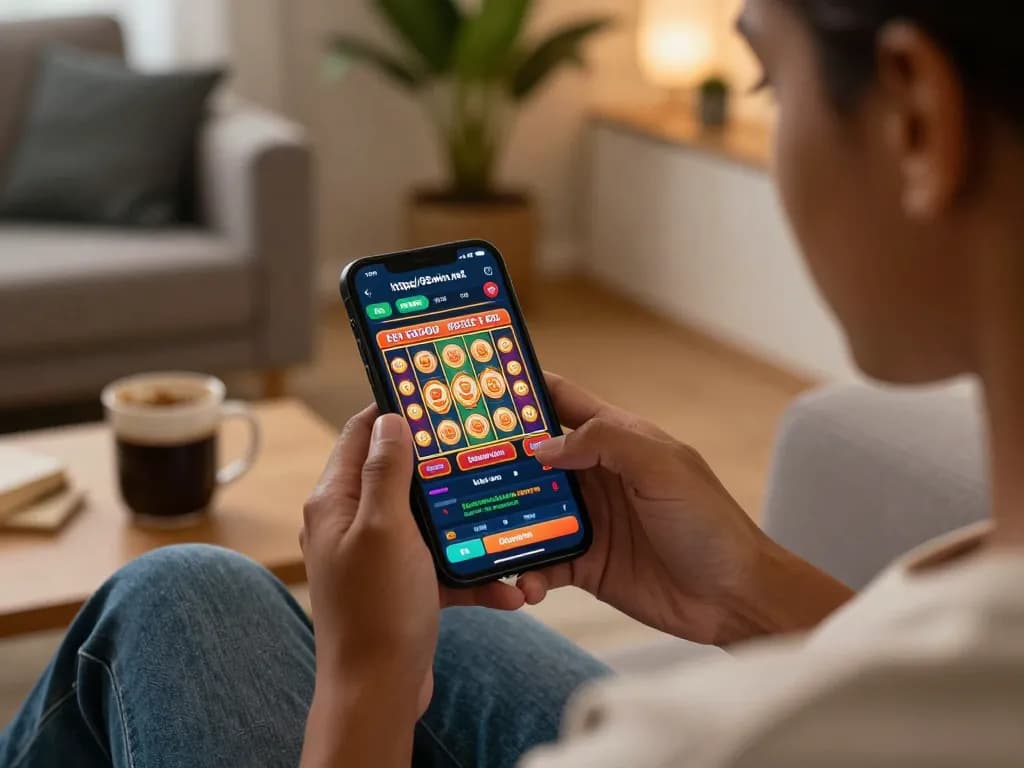 Engage with thrilling slot gameplay on https://98winn.net/ showcasing mobile gaming excitement in a cozy home.