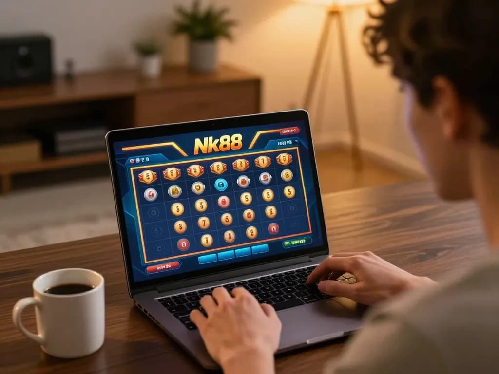Player strategizing betting options while playing Nk88 game online with a laptop in a cozy setup.