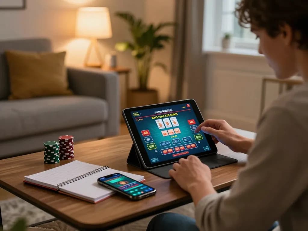 Engaging in strategic gameplay at a non UK casino on a tablet while tracking betting options.