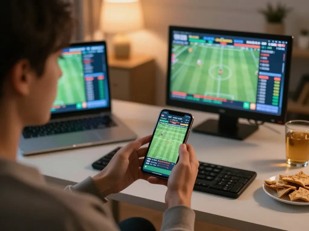 May88 user placing sports bets on a smartphone showcasing live match stats and odds in a cozy home setting