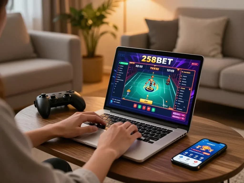 Enjoying 258bet online gaming experience on a cozy laptop setup at home