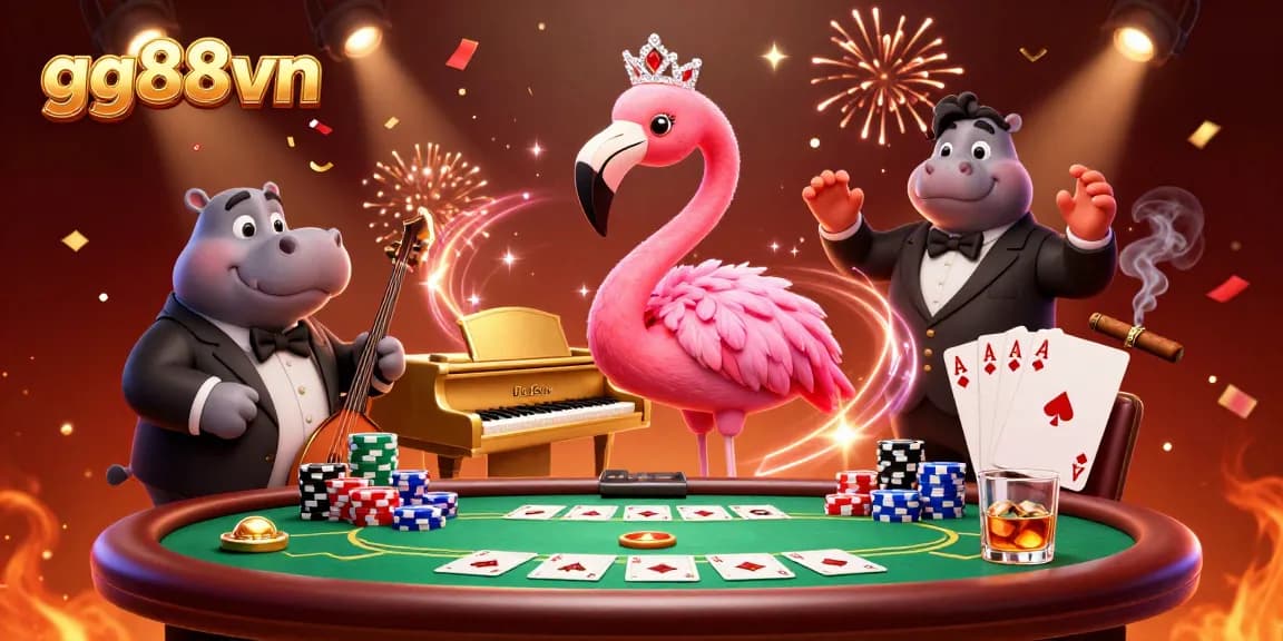 Experience thrilling gaming at gg88vn with vibrant casino illustration featuring a flamingo singer and poker elements.