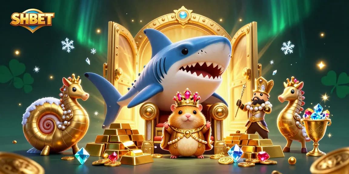 Engage with SHBET's world, featuring a golden hamster king on a megalodon throne surrounded by treasure and gaming symbols.