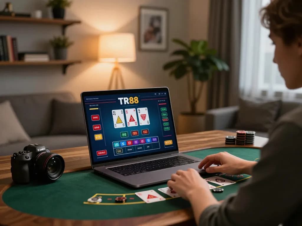 Play blackjack online at TR88 from a cozy home office setup.