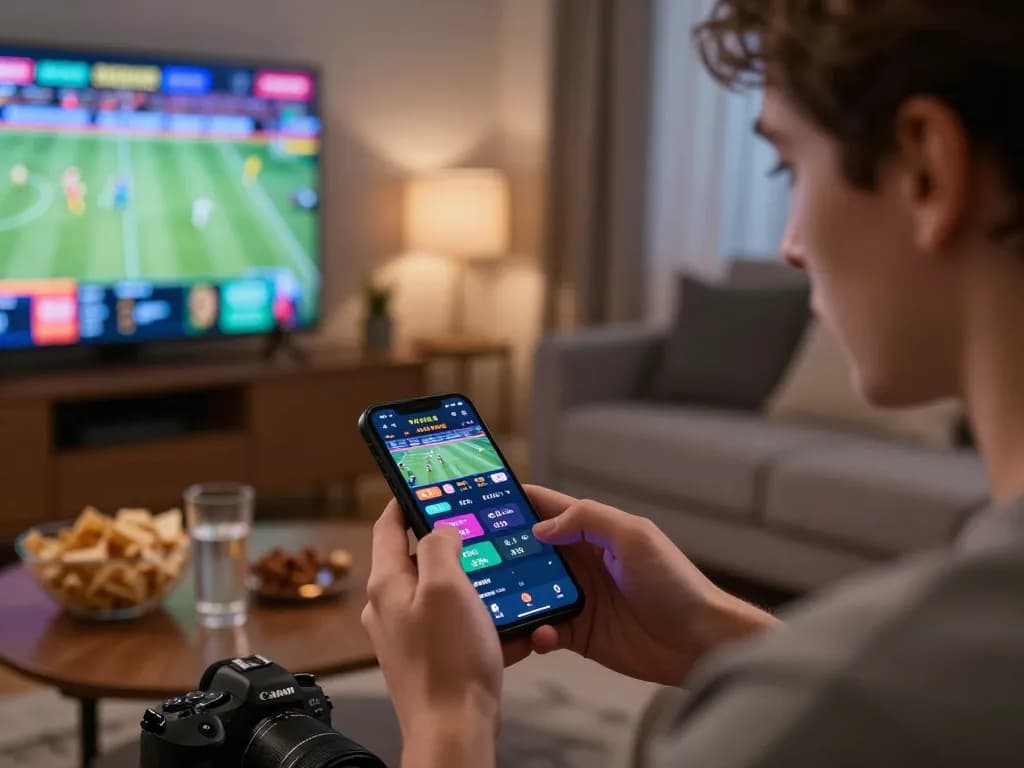 Engaged bettor using 789f app for sports betting in a cozy living room