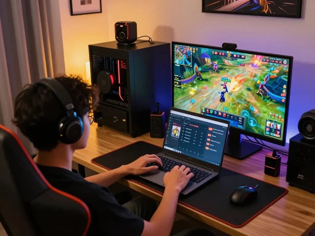 Pemain terlibat dengan permainan slot pulsa di laptop, menekankan kegembiraan dan strategi permainan online
