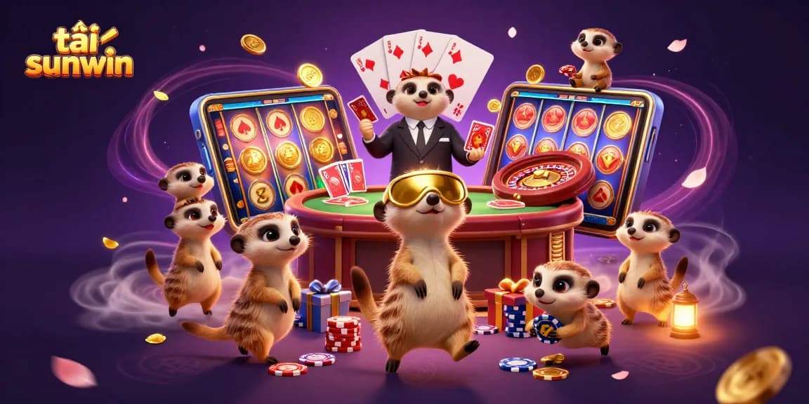 Engage with the tải sunwin experience as meerkats manage a vibrant casino scene filled with games and excitement.