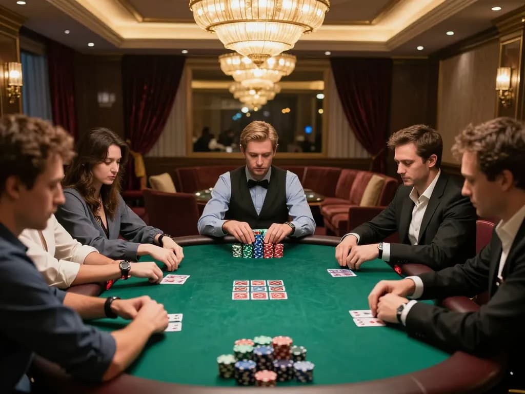 Players strategizing their winning hands during a crucial poker game at CM88's luxurious casino.