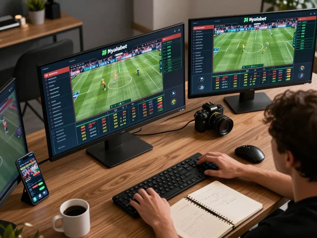 Nyalabet user actively placing sports bets on multiple screens with detailed odds displayed in an engaging home office.