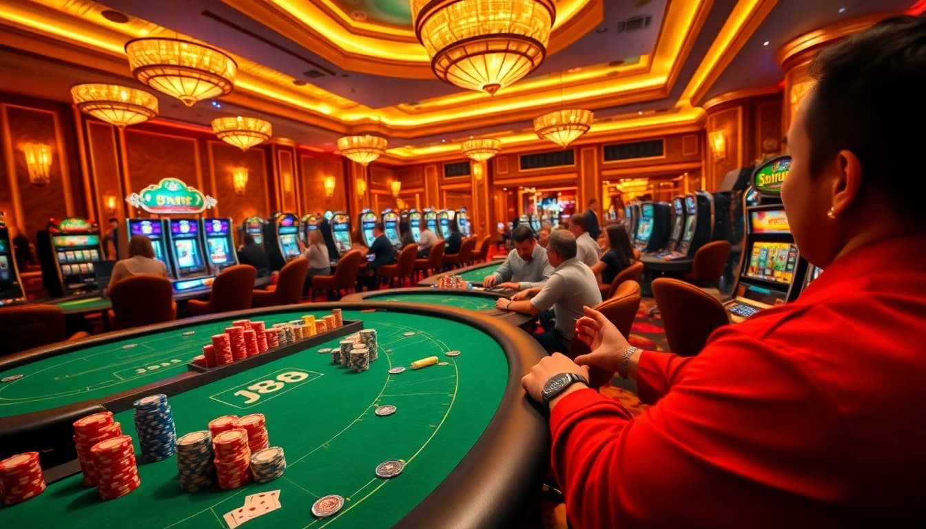 Players enjoying high-stakes action at a vibrant j88-themed casino table.