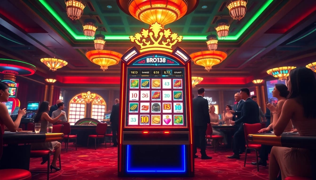 BRO138 slot machine in a vibrant casino scene lively with players enjoying a winning moment.