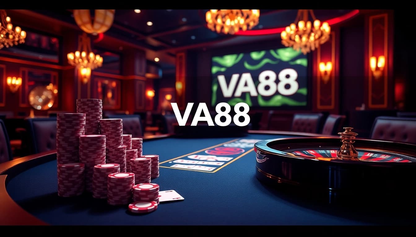 Excited players engage at the VA88 poker table with vibrant chips and cards in hand.