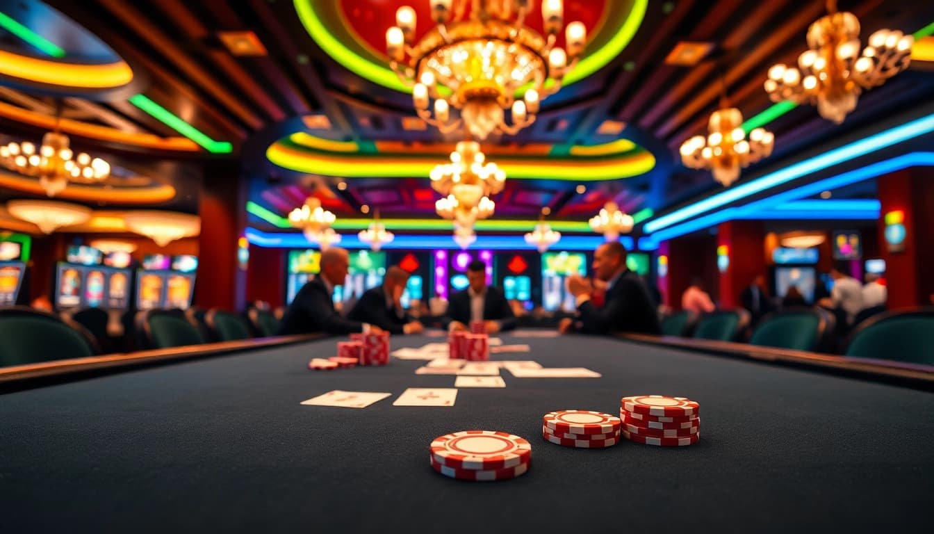 Tunjukkan poker online di meja kasino dengan pemain yang terlibat dalam permainan seru.