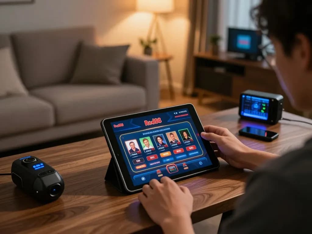 Engaging in online casino gaming with red88 on a tablet in a cozy home setting