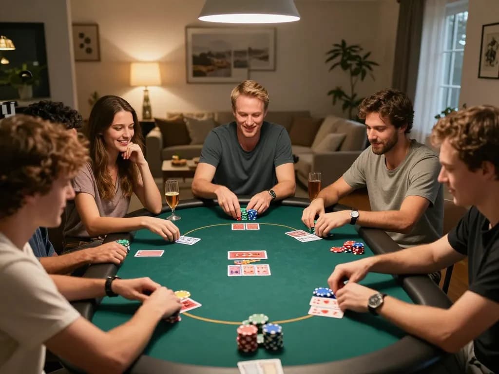 Players enjoying a lively poker night at home, showcasing bem88 nhà cái in a social atmosphere.